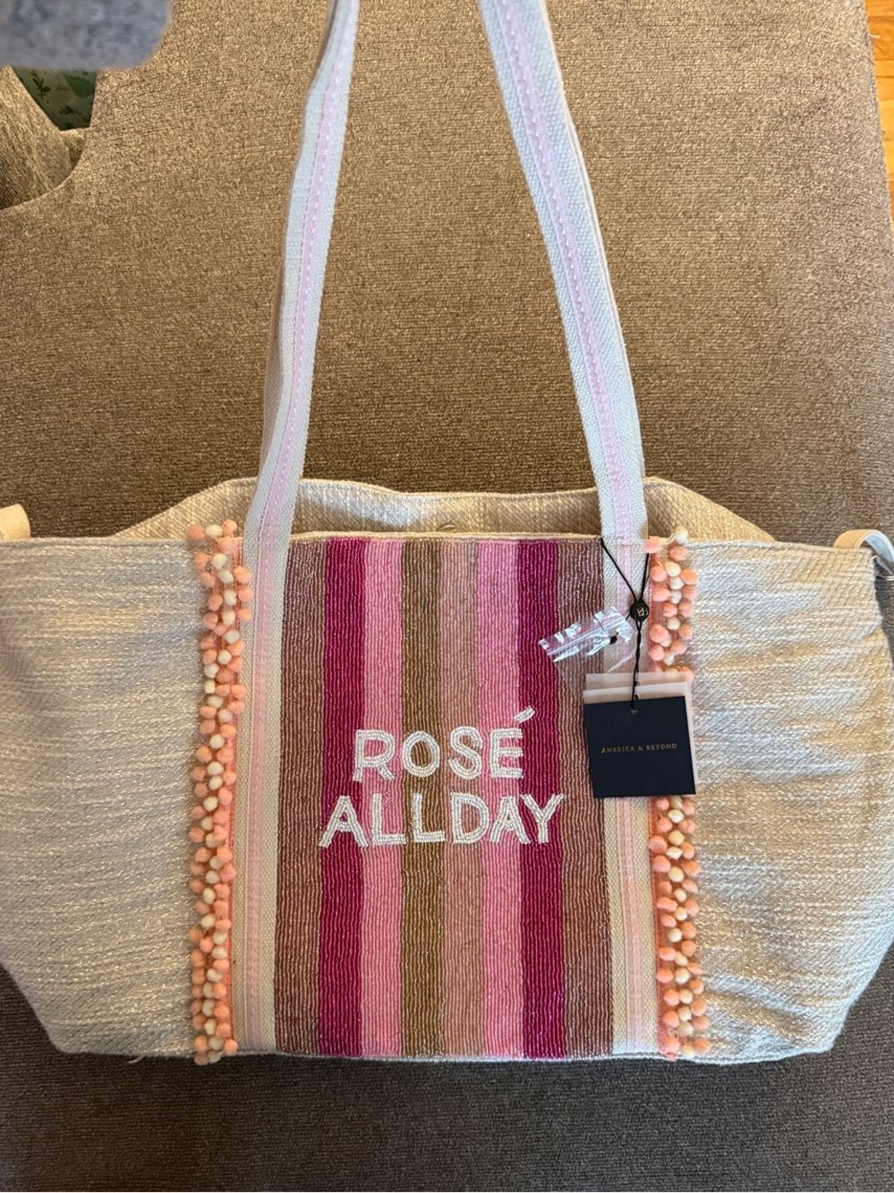 NWT America & Beyond Sparkly Tote - ROSÉ ALLDAY Bead & Pom Pom Accents